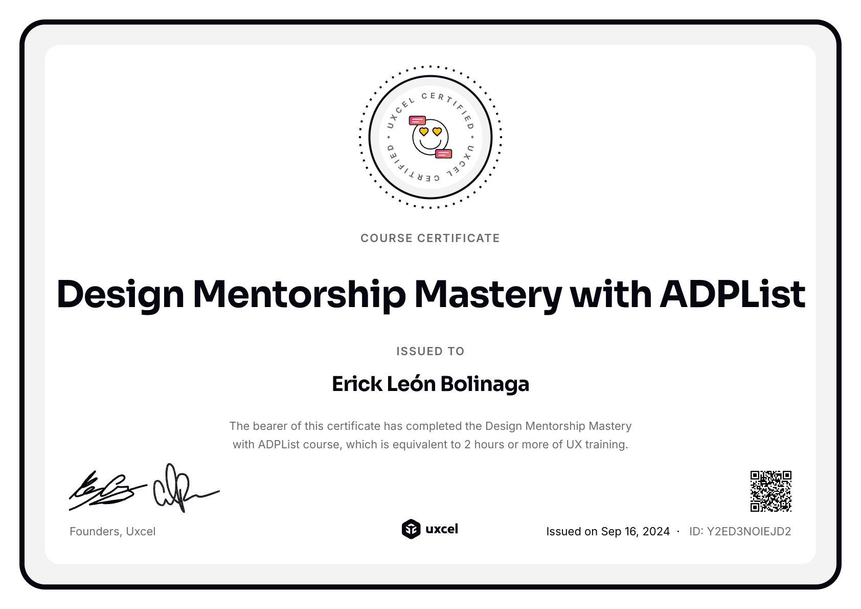 Erick León Bolinaga's certificate